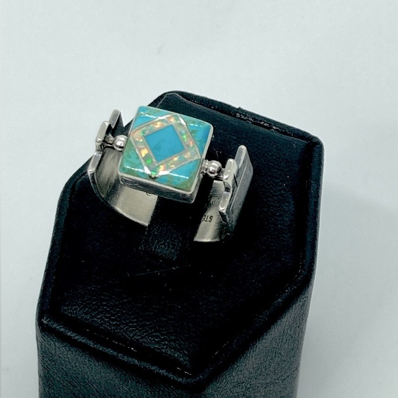 Vintage Jewelry - Vtg Navajo Sterling Turquoise & Opal Wide Modernist Style Ring Sz 7.5 Ann Curley
